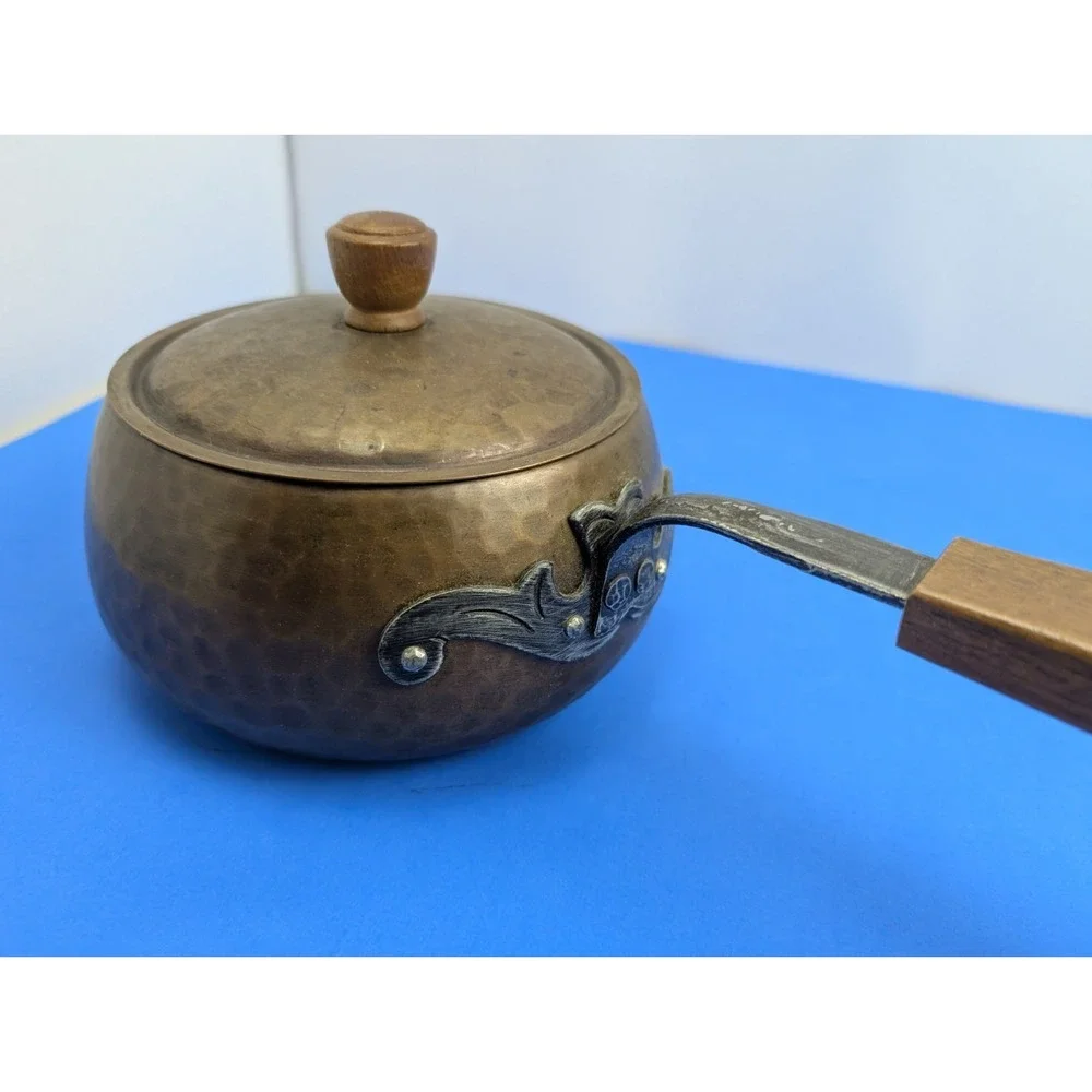 Vintage Swiss Made Stockli Hammered Copper Metal Chef Pot Wood Handle for Stove